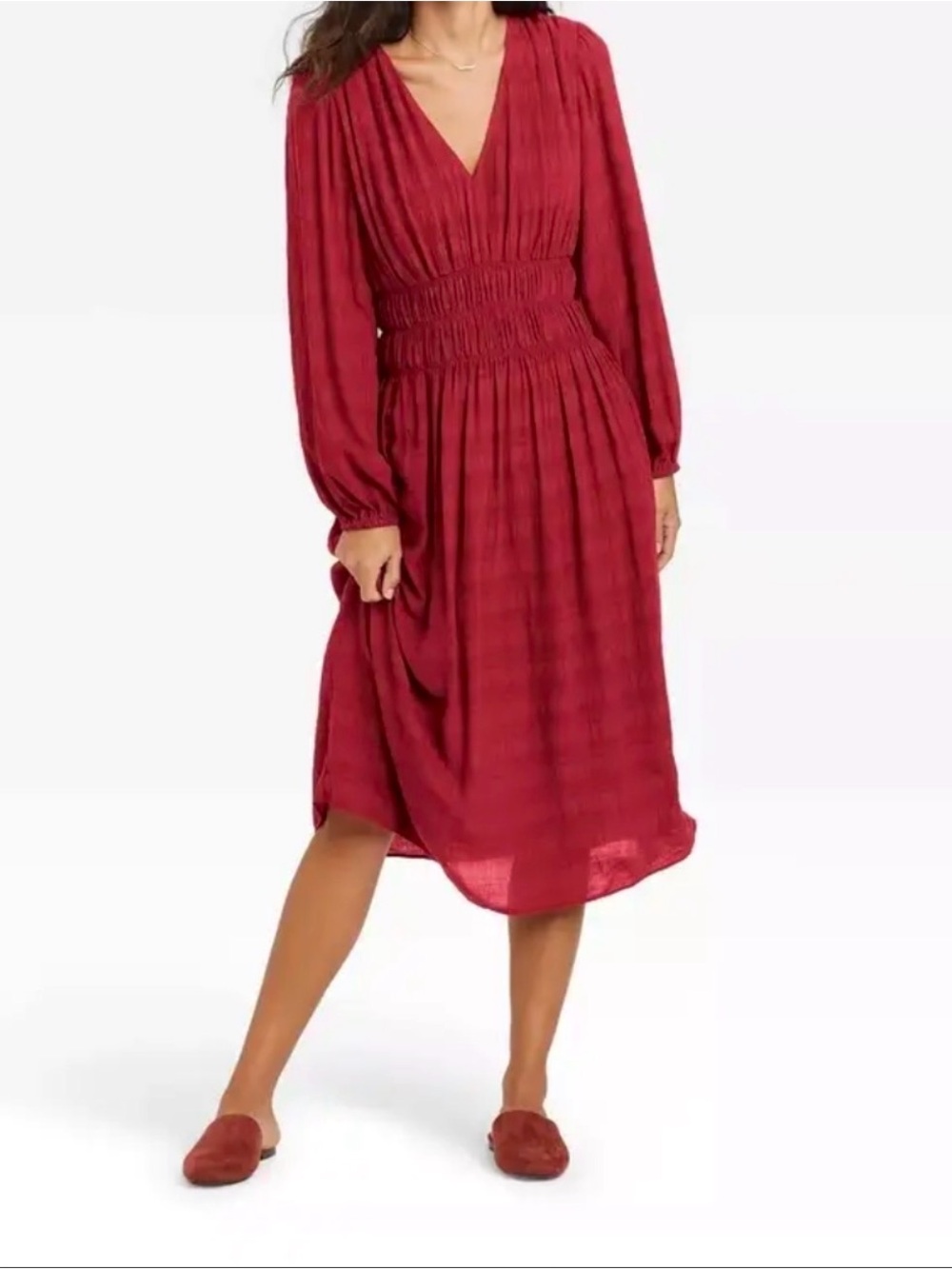 Women’s Long Sleeve Dress Size  S Small Red Rayon Smocked Waist V Neck Flowy